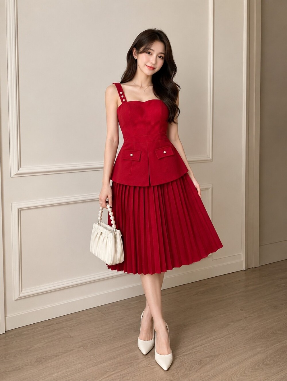 Wine Red Pleated Dress  – Cute Feminine A-Line